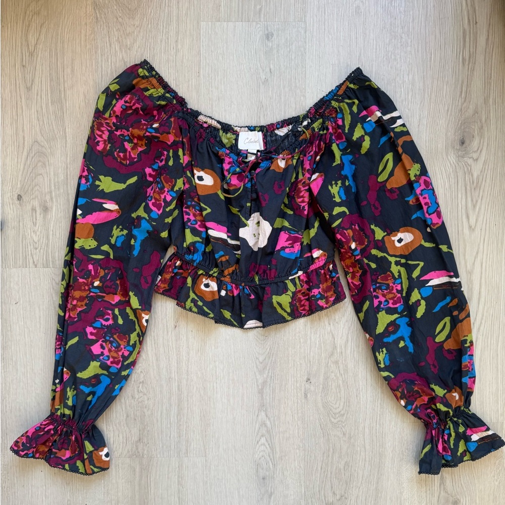 Cleobella Jasmine Blouse Floral Off-Shoulder Peasant Top - Black/Multi Organic